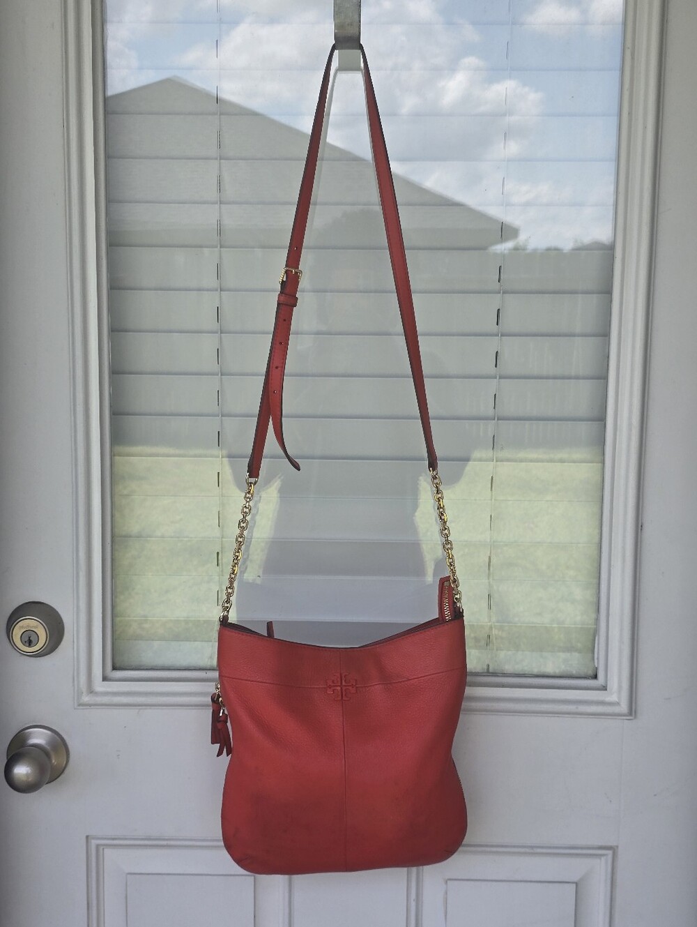 Tory Burch Red Pebbled Leather Crossbody Shoulder Bag Gold Chain Tassel - Picture 2 of 15
